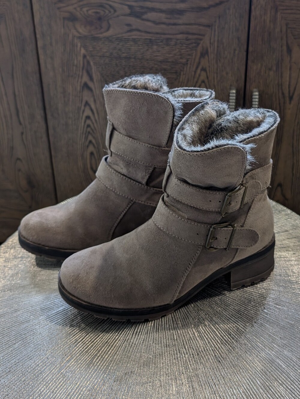 Sonoma Taupe Faux Fur Ankle Boots With Buckle